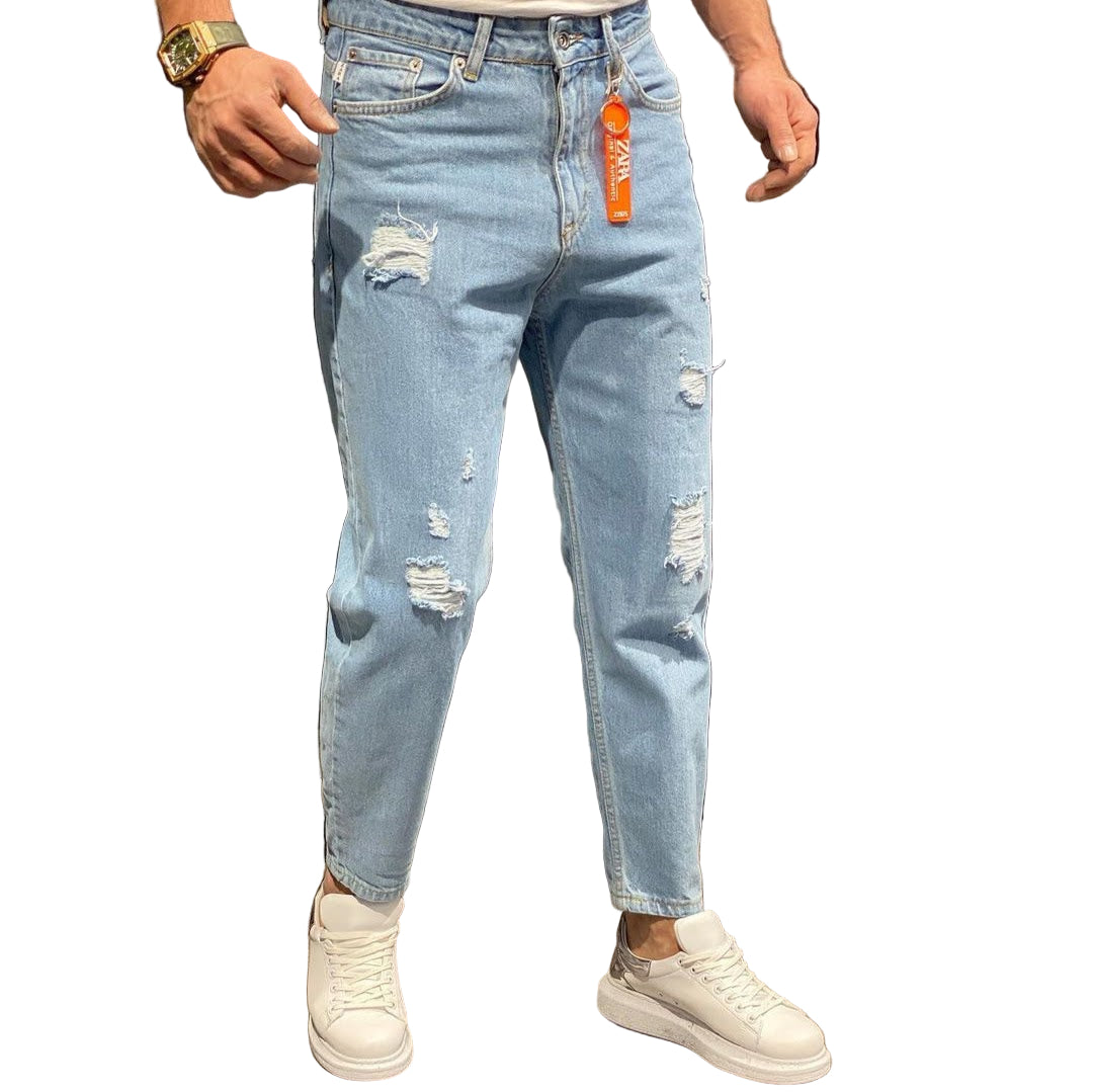 Title: Ανδρικό Jeans Παντελόνι Ελαστικό Ανοιχτό Μπλε με Σχισίματα 100% Βαμβάκι | OS559729
