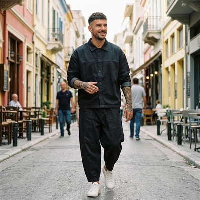 Ανδρικό Σετ Μαύρο Oversized Πουκάμισο & Παντελόνι