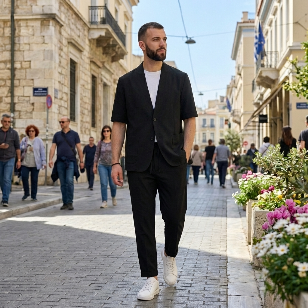 Μαύρο ανδρικό Σετ Σακάκι Κοντομάνικο & Παντελόνι με ζώνη στη μέση