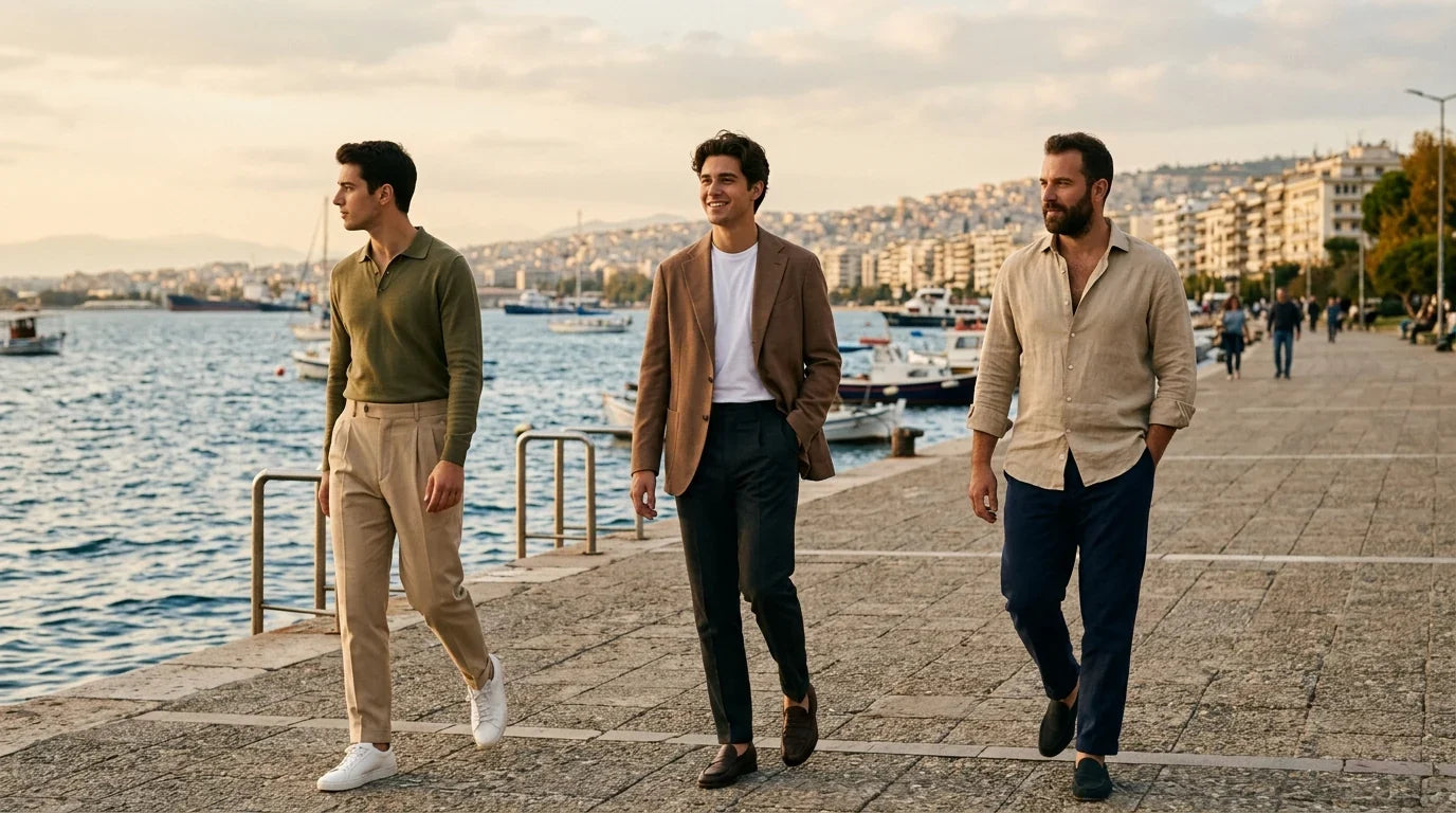 Άνδρες με smart casual ρούχα σε παραλιακό δρόμο της Θεσσαλονίκης, φθινόπωρο 2026