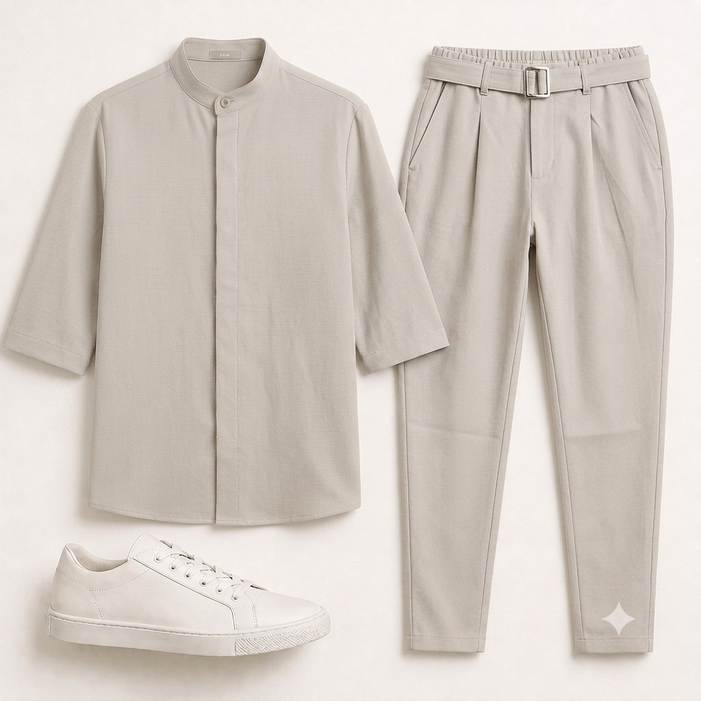 Ανδρικό Σετ Μαο Πουκάμισο & Jogger Παντελόνι Loose Fit με τόκα