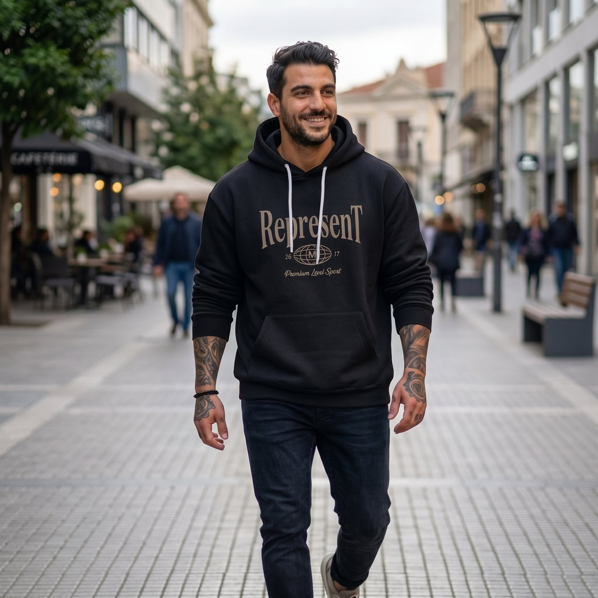 Ανδρικό Premium Φούτερ με Κουκούλα "Represent" (Μπεζ/Μαύρο) "New Mind"