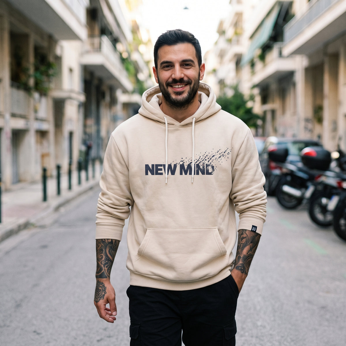Ανδρικό Μπεζ Heavyweight Φούτερ με Κουκούλα "New Mind" - 100% Βαμβάκι