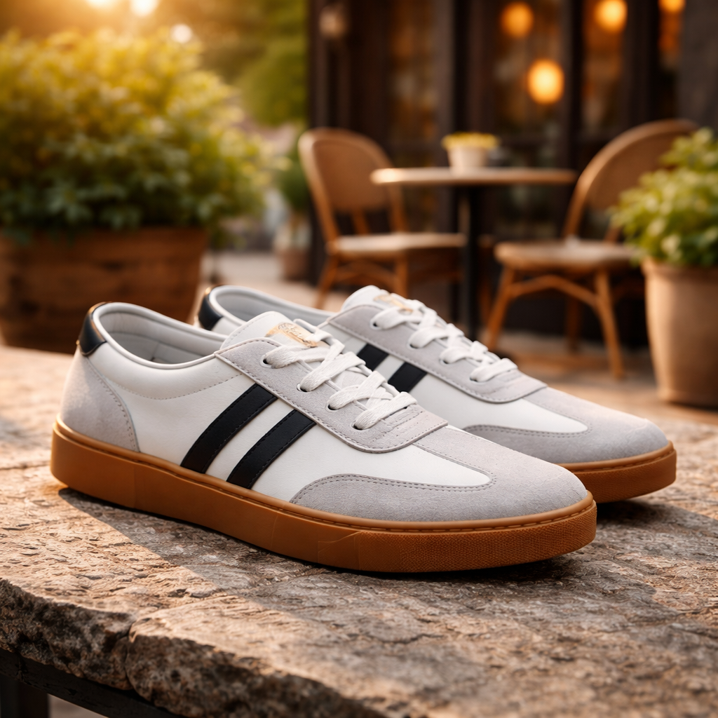 Ανδρικά παπούτσια Sneakers Λευκά με Μαύρες Ρίγες – εικόνα 2