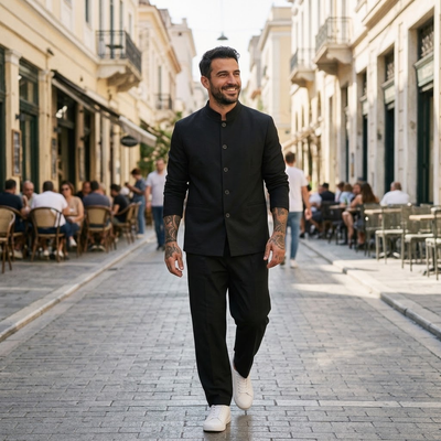 Ανδρικό Σετ Μαύρο μακρυμάνικο Σακάκι & Παντελόνι με Πιέτα
